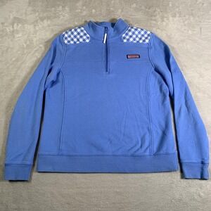 Vineyard Vines Pullover Womens Medium Blue Shep Sweater 1/4 Zip Gingham‎ Patch